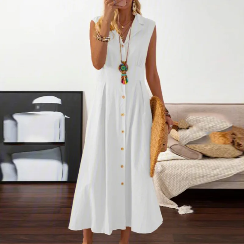 Summer New Long Cotton Linen Buttons Downs Shirt Dress Simple Loose Turn-down Neck Temperament Sleeveless Dress Women Dress 2024