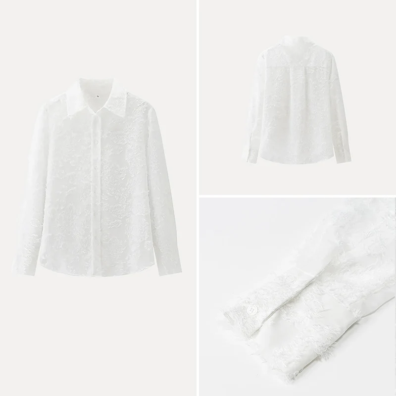

Ele Casual Long Sve Turn-down Collar irt Women's Faion Spring Polyester Fiber 00% Versatile Floral Embroidery Top
