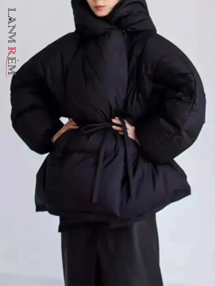 LANMREM-Doudoune à capuche pour femme, haut de gamme, noir, hiver, ceinture, taille froncée, vestes chaudes, mode, nouveaux vêtements, 2uto, 4243,