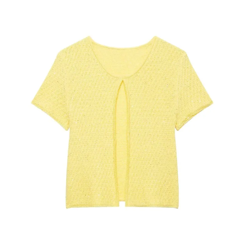 Women's Knit Cardigan with Sequin New 2026 Autumn O Neck Short Sleeve Metallic Thread Lady Sweaters Simple Female Tops