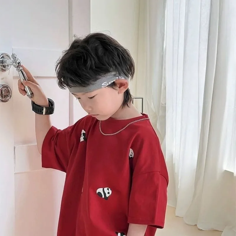 Trendy Panda Print Short Sleeve T-Shirt for Boys Girls 100% Cotton Loose Fit Summer Kids Apparel Casual Versatile​