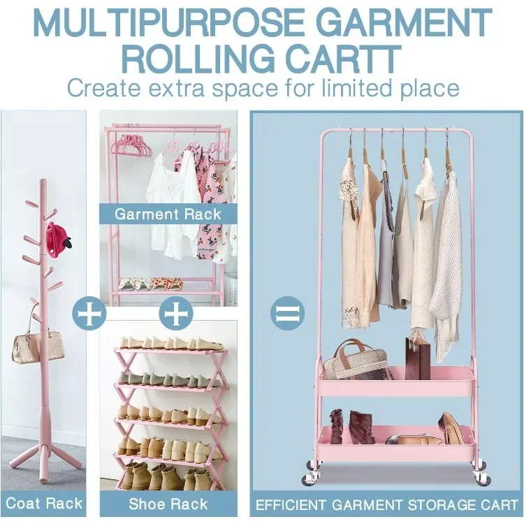 2-in 1 Garment Rack, Clothing Rack with 2 Tier Metal Basket, Rolling Storage Cart Clothes Organizer Coat Rack Storage