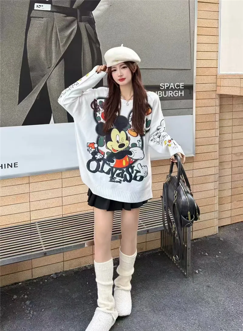 Cartoon Print Strass Rundhals Langarm Pullover Pullover für Frauen Süße Nette Lose Fit Herbst Winter Gestrickte Pullover