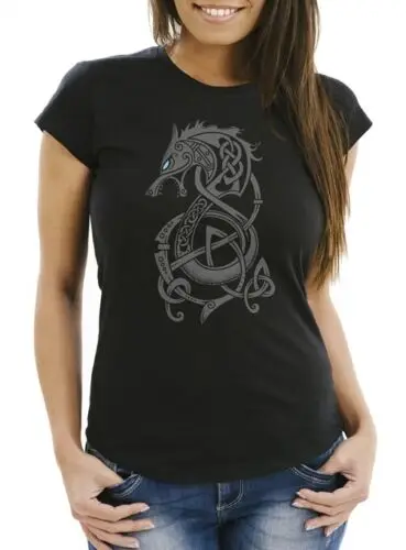 Damen T-Shirt  Wolf Fenrir Fabelwesen Wikinger nordische Mythologie Odin