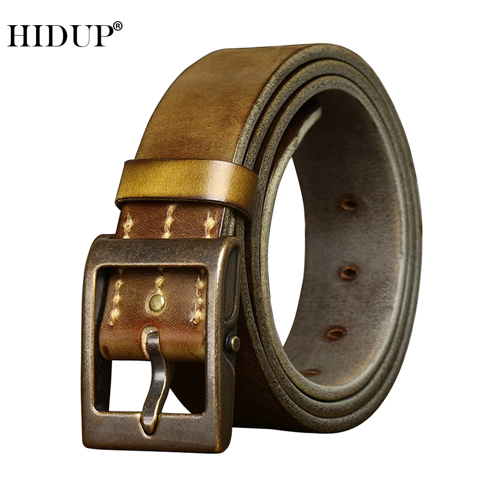 HIDUP Unique Design Top Quality Pure Cowhide Leather Retro Brass Pin Buckle Belts for Men 3.9cm Width