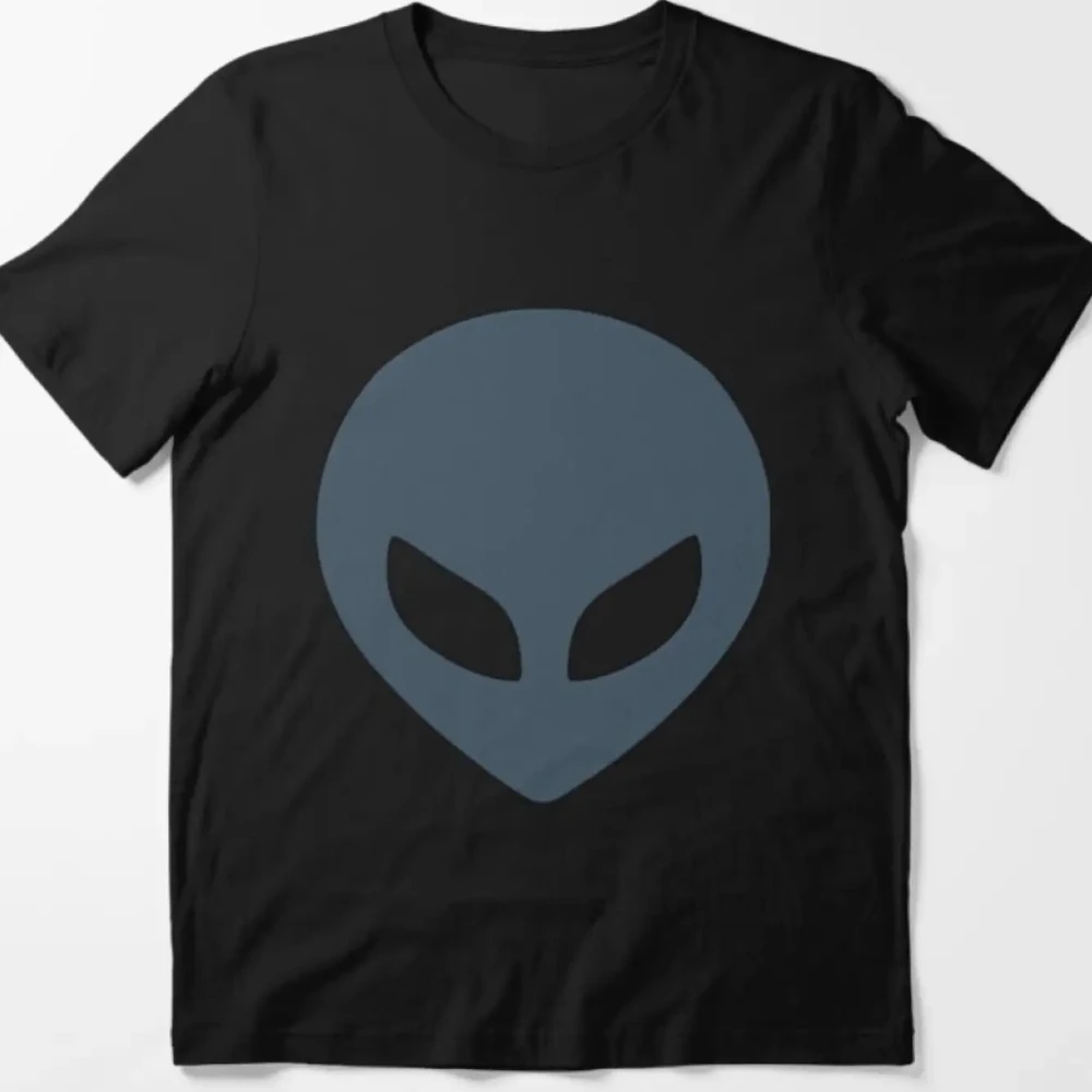 Image of Postal DudeS Unisex Casual Kurzarm-T-Shirt mit Rundhalsausschnitt, lockerer Passform, geometrischem Alien-Kopf-Grafikdruck, Schwarz mit blauem Aufdruck