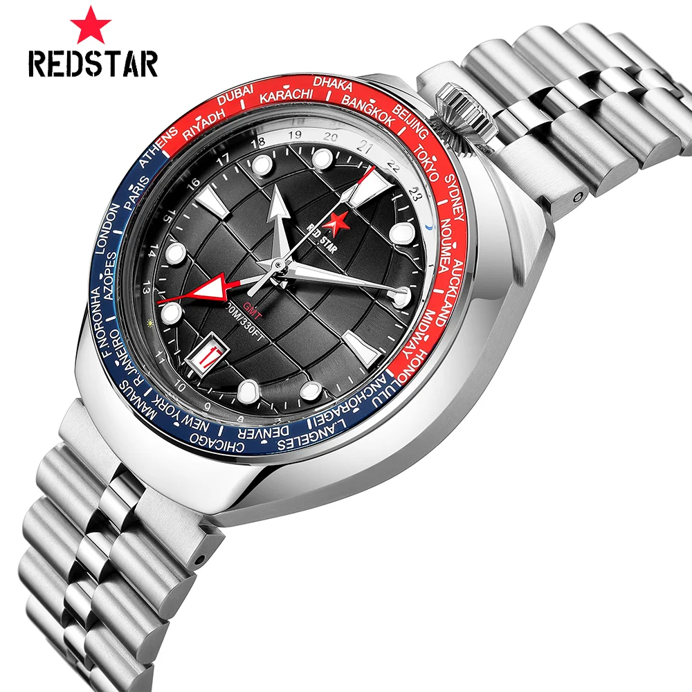 RED STAR Bullhead GMT Automatic Mechanical Watch Men 42mm NH34 Movement Dual Time Mineral Glass Luminous Date Mens Wristwatch