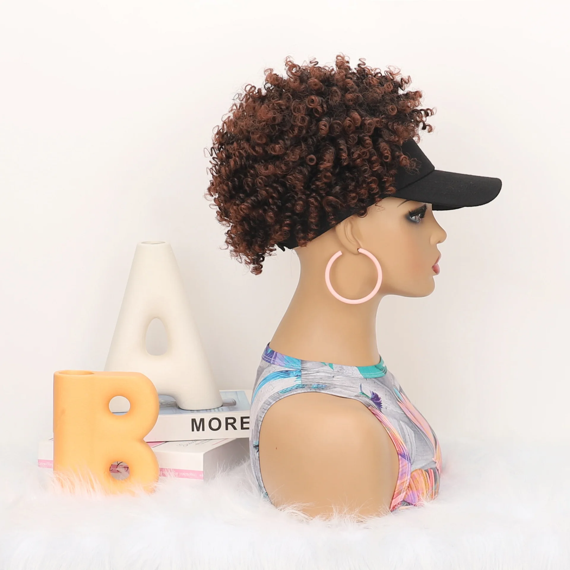 Zolin Synthetic Baseball Cap Wig Curly Hair Wig With Hat Short Afro Wig for Black Women and Men