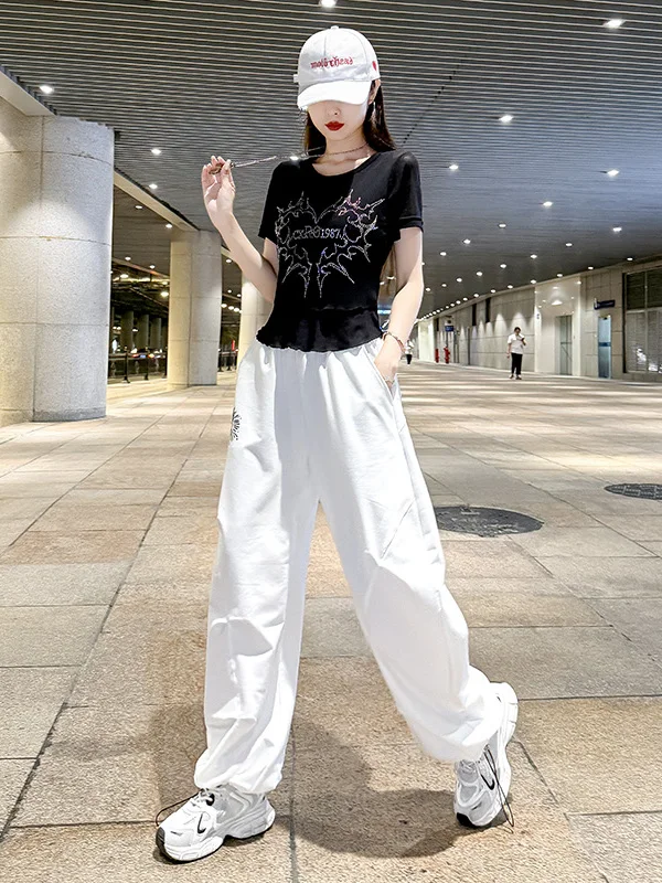 女性用スクエアダンス衣装半袖tシャツトップワイドレッグパンツヒップホップジャズダンスパフォーマンスセットコットンスリムフィット