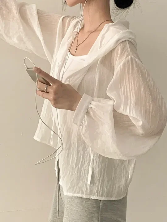 Dimagrante Loose Fit Lungo Sve Colore puro Cappello Design Protezione solare irt Donna Chic Estate Nuovo Sle Thin irt Capispalla