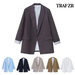 TRAF ZR Elegant Women's Jackets Office Lady Linen Jacket Long Sleeve New in Outerwears Bomber Spring 2024 Women Clothes Y2k Top