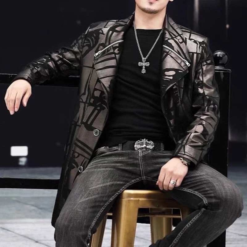 Genuine Leather Jacket Men Mid Length Suit Suede Printed Trench Coat Winter Male Slim Fit Zipper Locomotive Jaqueta Masculina
