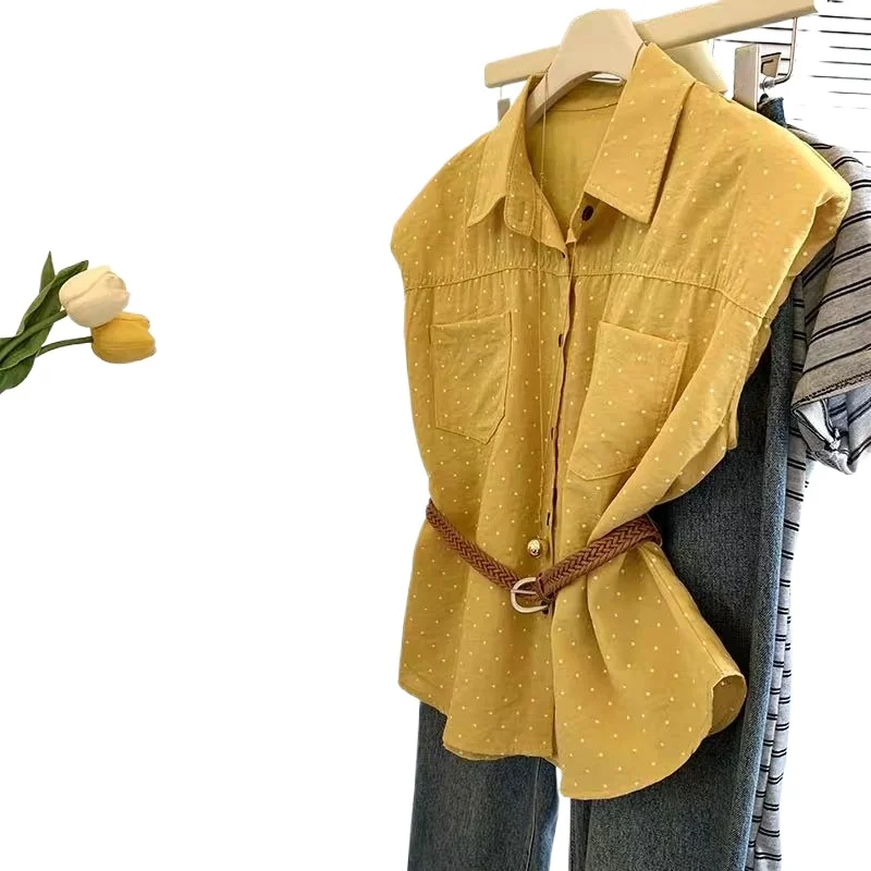 Design Sense French Polo Collar White Polka Dot Shirt Women's Summer Niche Unique Super Good-looking Waist Sleeveless Top 2026
