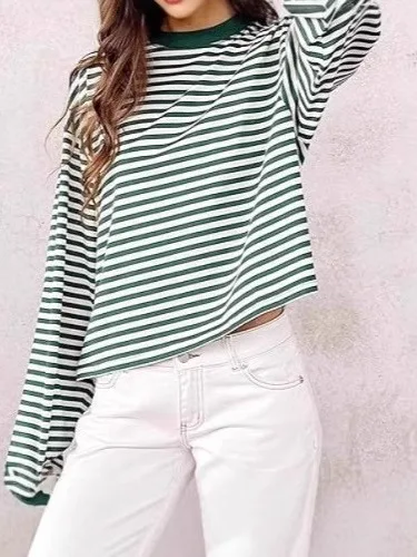 

Повседневный свободный полосатый топ-пуловер длиной до талии для женщин, с длинными рукавами, круглым вырезом, из комфортной дышащей ткани