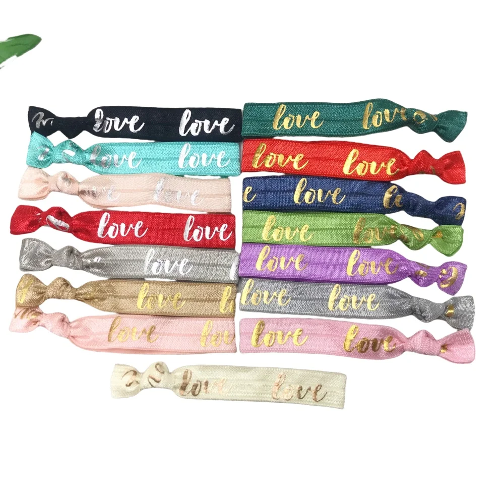 50Pcs/200Pcs Gold Foil Love Printed Knotted Hair Ties Ponytail Holders Letter No Crease Elastic Ribbon Band Hand Twist Bracelet
