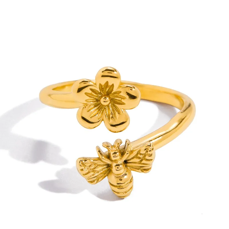 

Minar Textured Metallic Flower Bee Opening Adjustable Cocktail Ring for Women 18K Gold PVD Plated Stainless Steel Non Tarnish