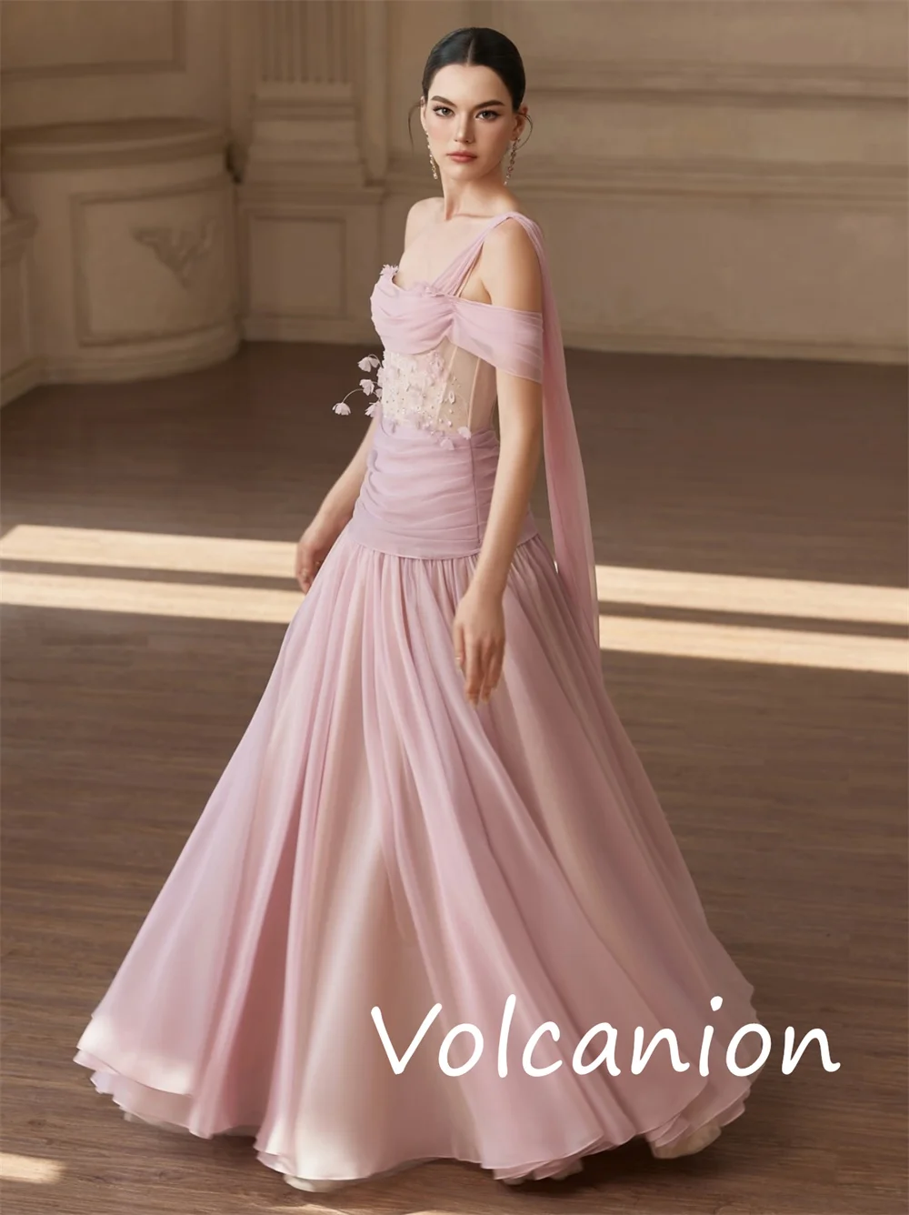 Customized Simple Fashion Chiffon Sequined Pleat A-line Off-the-shoulder Long Dresses Bespoke Occasion Retro