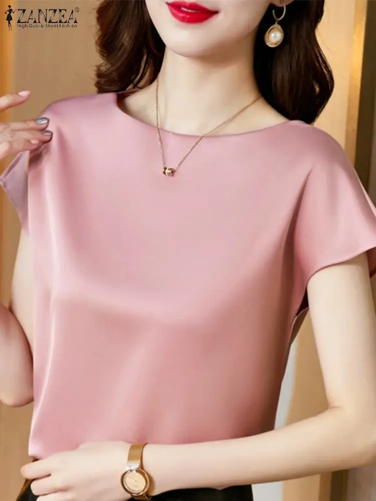 Elegant Women Short Sleeve Satin Shirt 2024 ZANZEA Summer Fashion Blouse Stylish OL Work Shirt Female Party Blusas Tunic Chemise