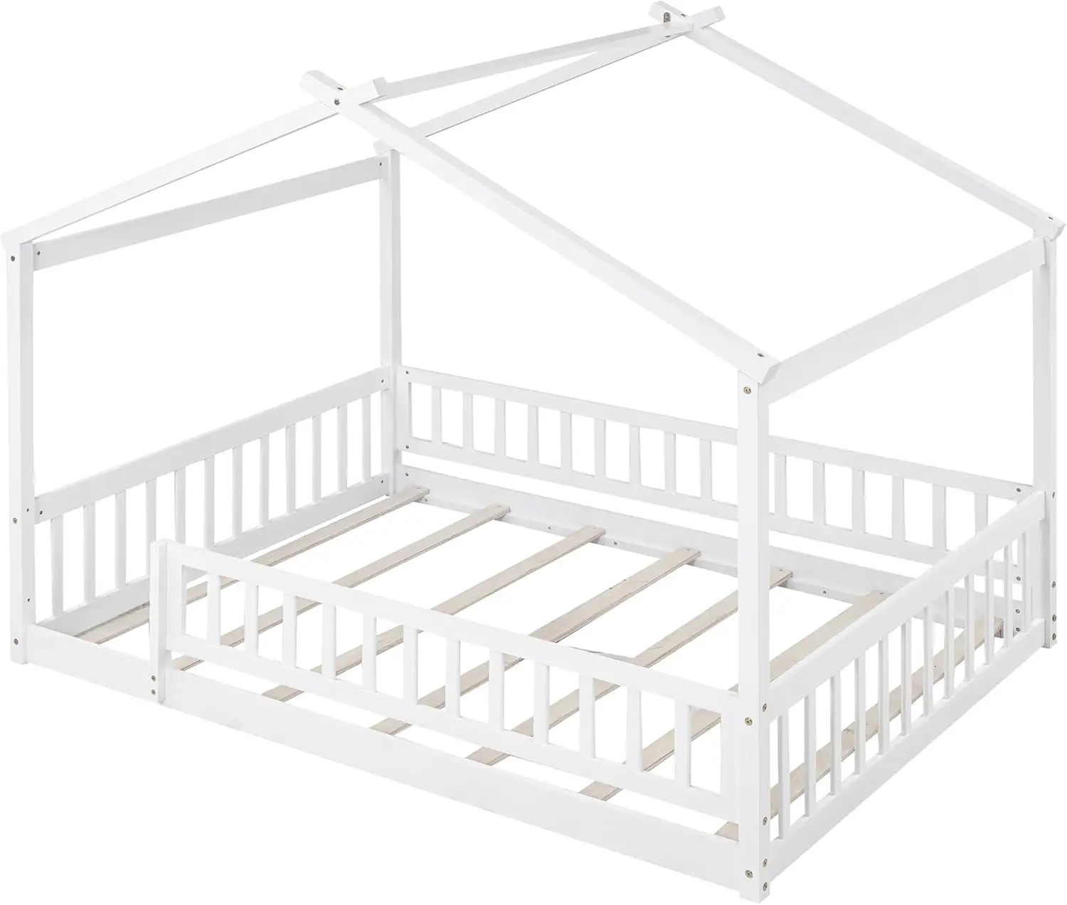 Großes Hausbett aus Holz mit Zaun, Bettrahmen aus Holz mit Dach und Sicherheitsgeländer für Kinder, Jugendliche, Jungen oder Mädchen, 57" L x 62.