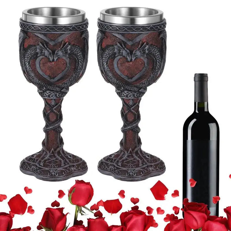 2Pcs Medieval Wine Goblets Double Dragon Chalices 7oz Stainless Steel Gothic Drinking Cups Vintage Dragon Wine Cups For Party