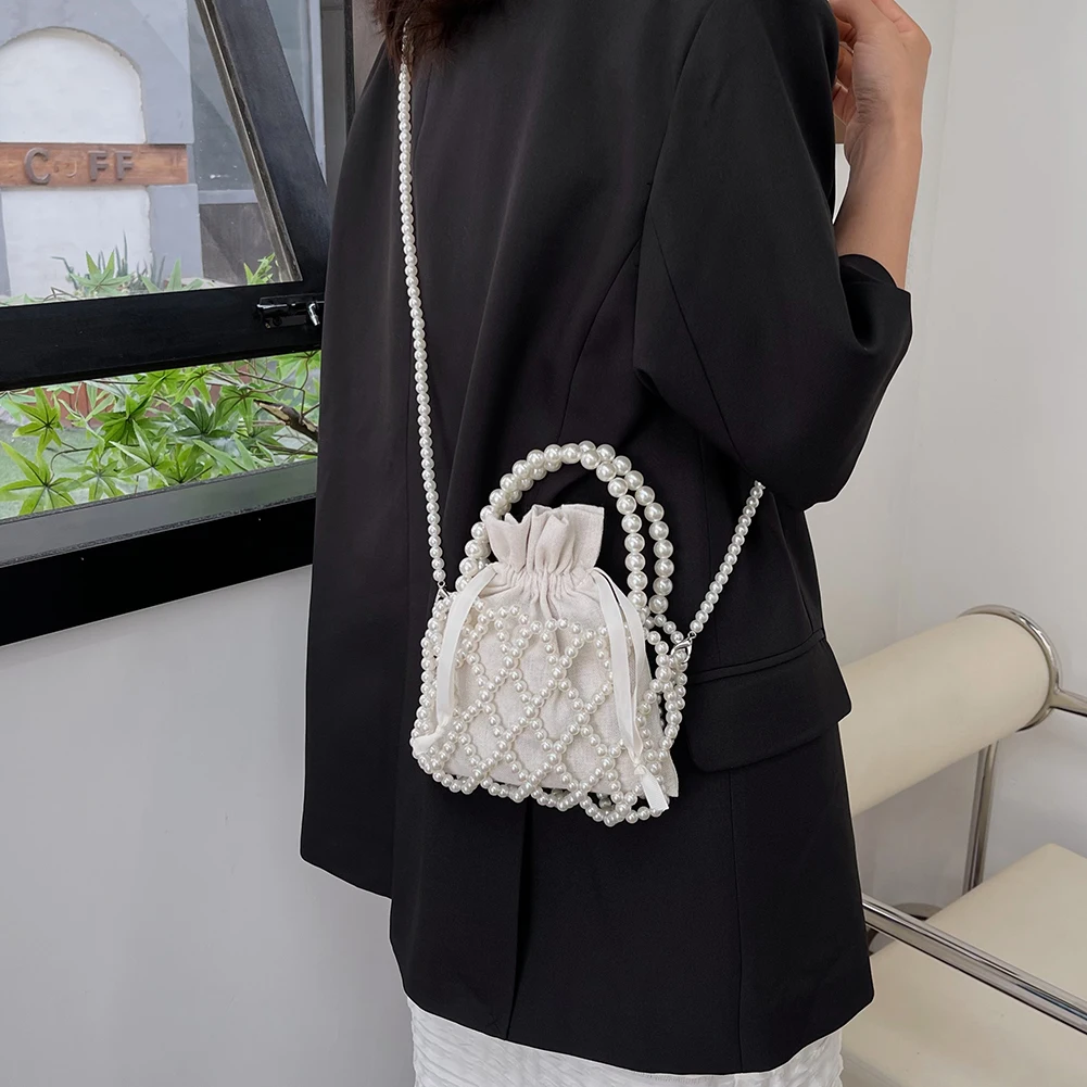 Women Crossbody Bags Handmade Pearl Woven Girls Small Purse Exquisite Elegant Fashion Casual Drawstring Female Coin Purse