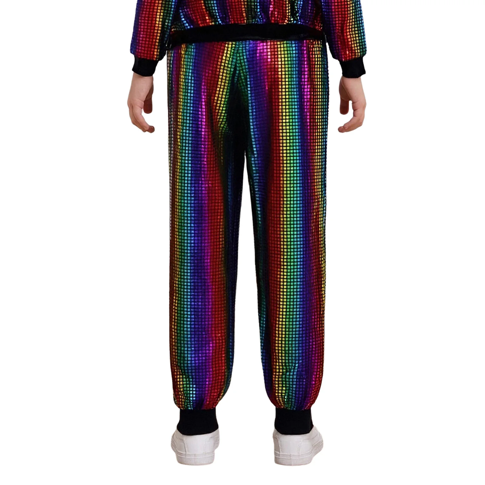 子供メタリックヒップホップジャズダンスパンツ弾性ウエストバンド光沢のあるチェック柄ジョガーパンツスクールショーステージダンスウェアストリートウェア