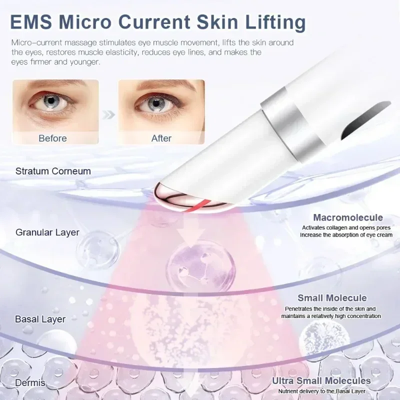 Masajeador de ojos eléctrico EMS, Estiramiento de la piel de los ojos, herramienta para el cuidado de la piel antiarrugas, vibración 45 ℃   Masaje caliente Relaja los ojos Elimina las ojeras