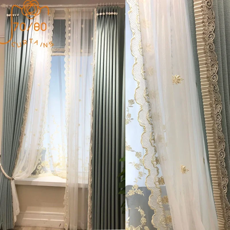 New Grey Blue Linen Jacquard Thickened Curtains for Living Room French Window Customized Finished Window Screen