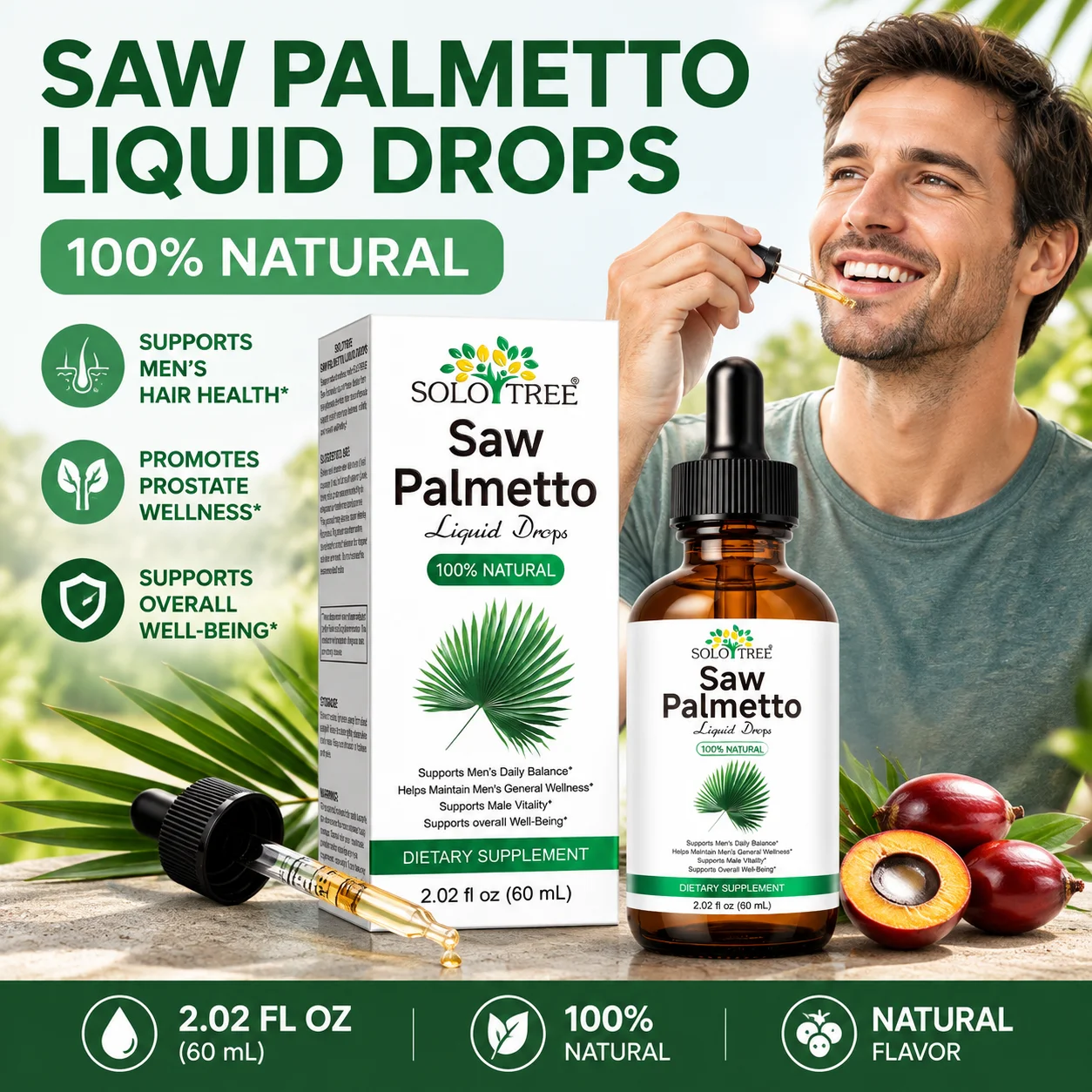 SoloTree Saw Palmetto Liquid Drops for Man Enhance Prostate Health and Vitality Promote Hair Growth Vegan and Sugar Free 60 ML