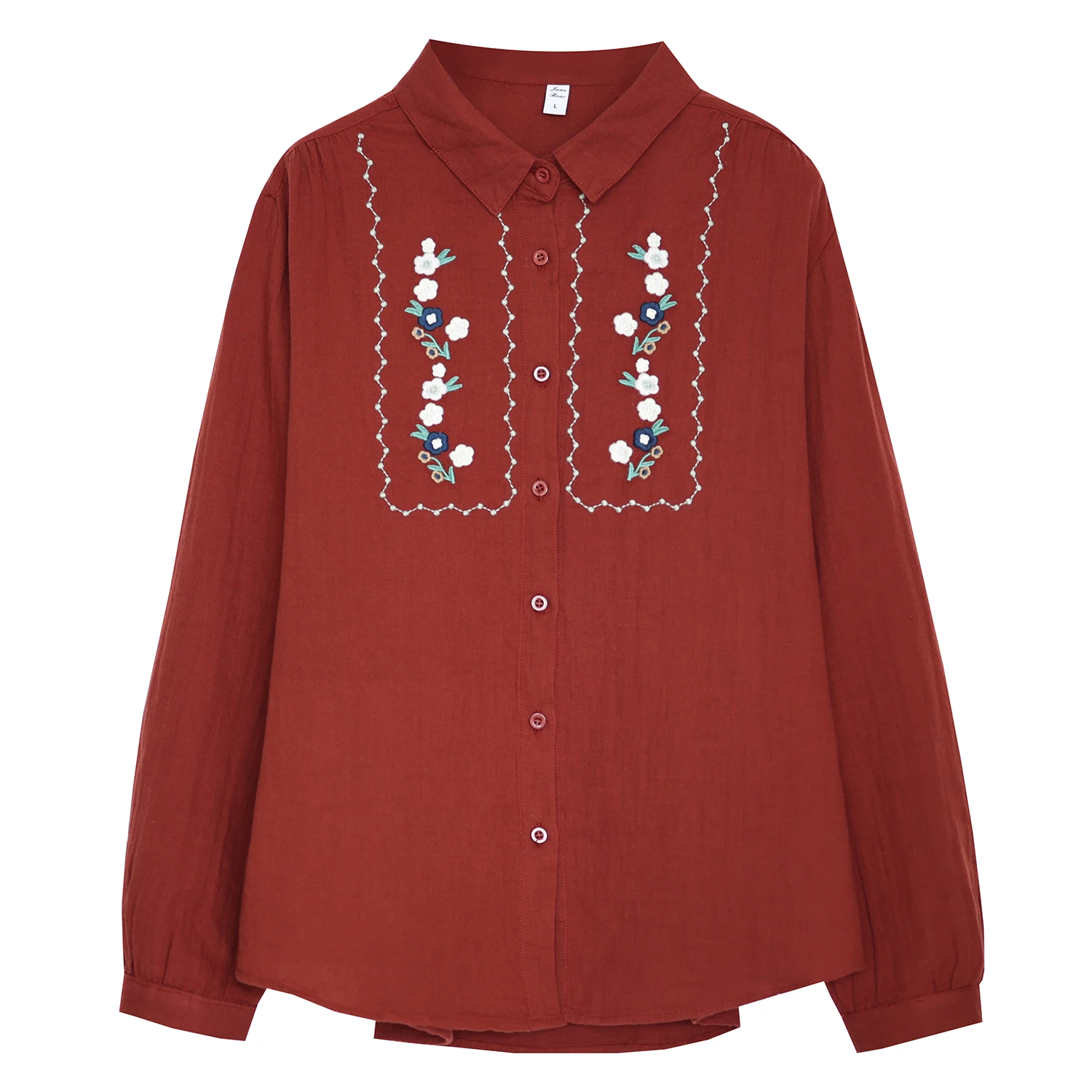 Damska długa koszulka z bawełny, miękka, przyjazna dla skóry, luźna, bazowa bluzka, jesienna moda, kwiatowy haft, uniwersalna, poliester...