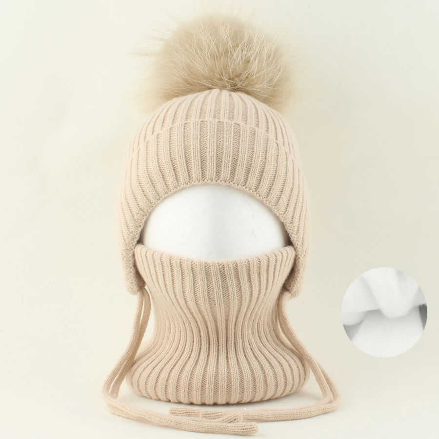 Winter-Wollmütze mit Nackenschutz 2-teiliges Set Echte Fuchsfell-Mütze für Kinder Jungen Mädchen Dicke Fleece Warme Gestrickte Gestreifte Ohrenklappe Baby Skullies Mütze – Detail 20