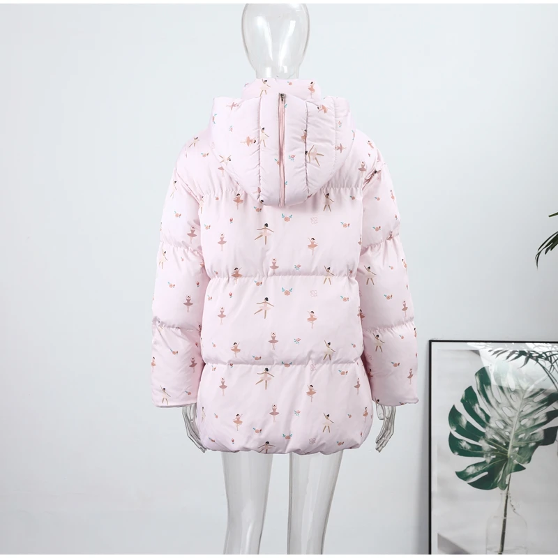 Women's Floral Print Hooded Puffer Jacket with Bow Decor Cute Oversized Winter Warm Coat Loose Casual Feminine Outerwear Fashion