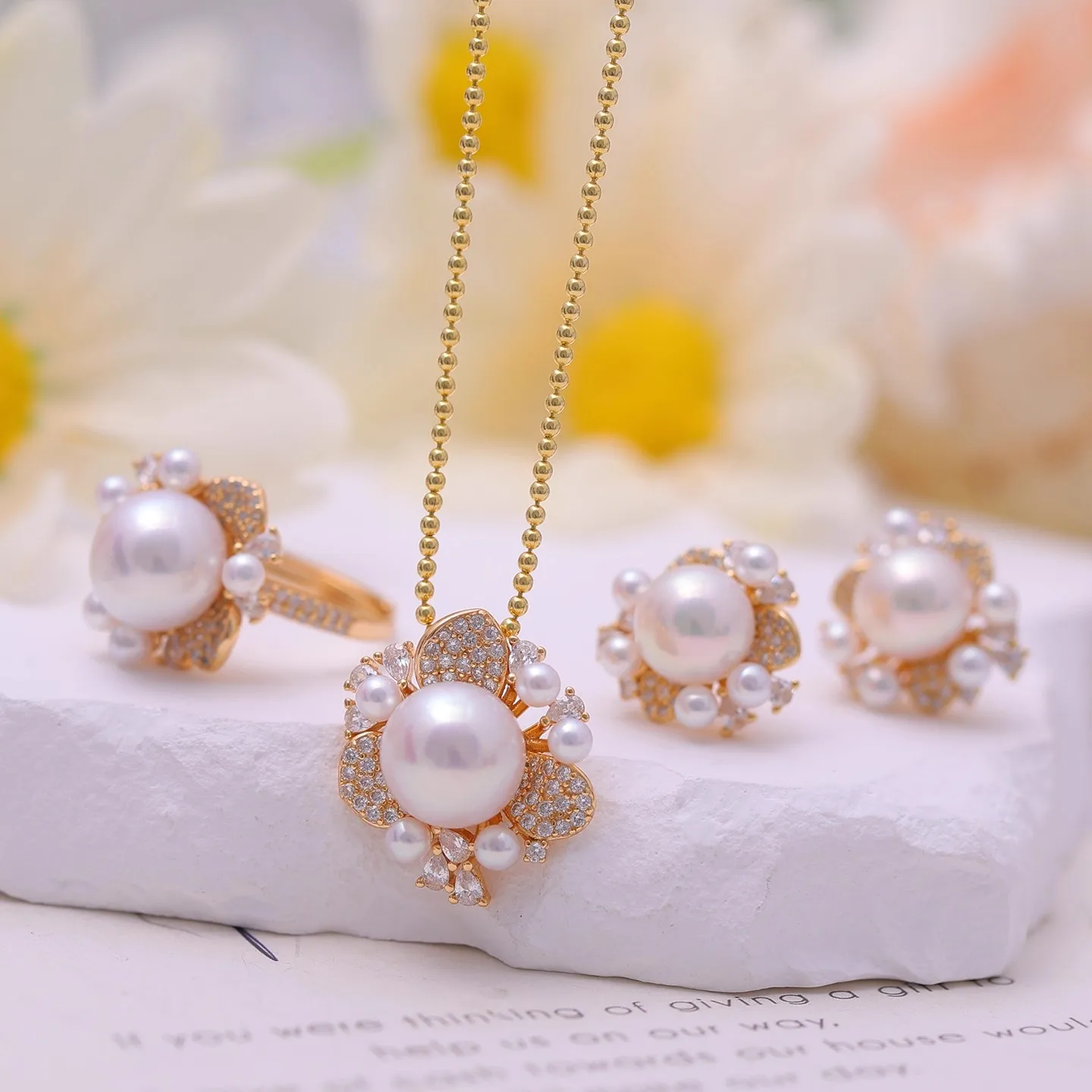 

MeiBaPJ 9-11mm Natural Nearround Pearls Jewelry Set 925 Silver Flower Pendant Earrings Ring Fine Wedding Jewelry for Women