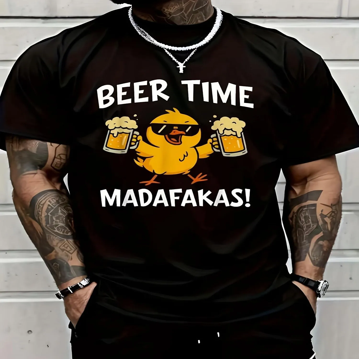 Beer Time Madafakas Funny Meme Duck With Beer Chicken Gifts T-Shirt Graphic Tees Men, Breathable, Sweat-Wicking, Soft, Crew Neck, Regular Fit, Short Sleeve, Perfect for Daily Commutes, Home Loung Men Graphic Tee, Weekend Casual Top