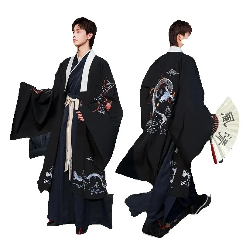 Chinese Samurai Man Set Dragon Print Harajuku Ancient Vintage Men Traditional Chinese Clothing Set Chinese Hanfu Performance set