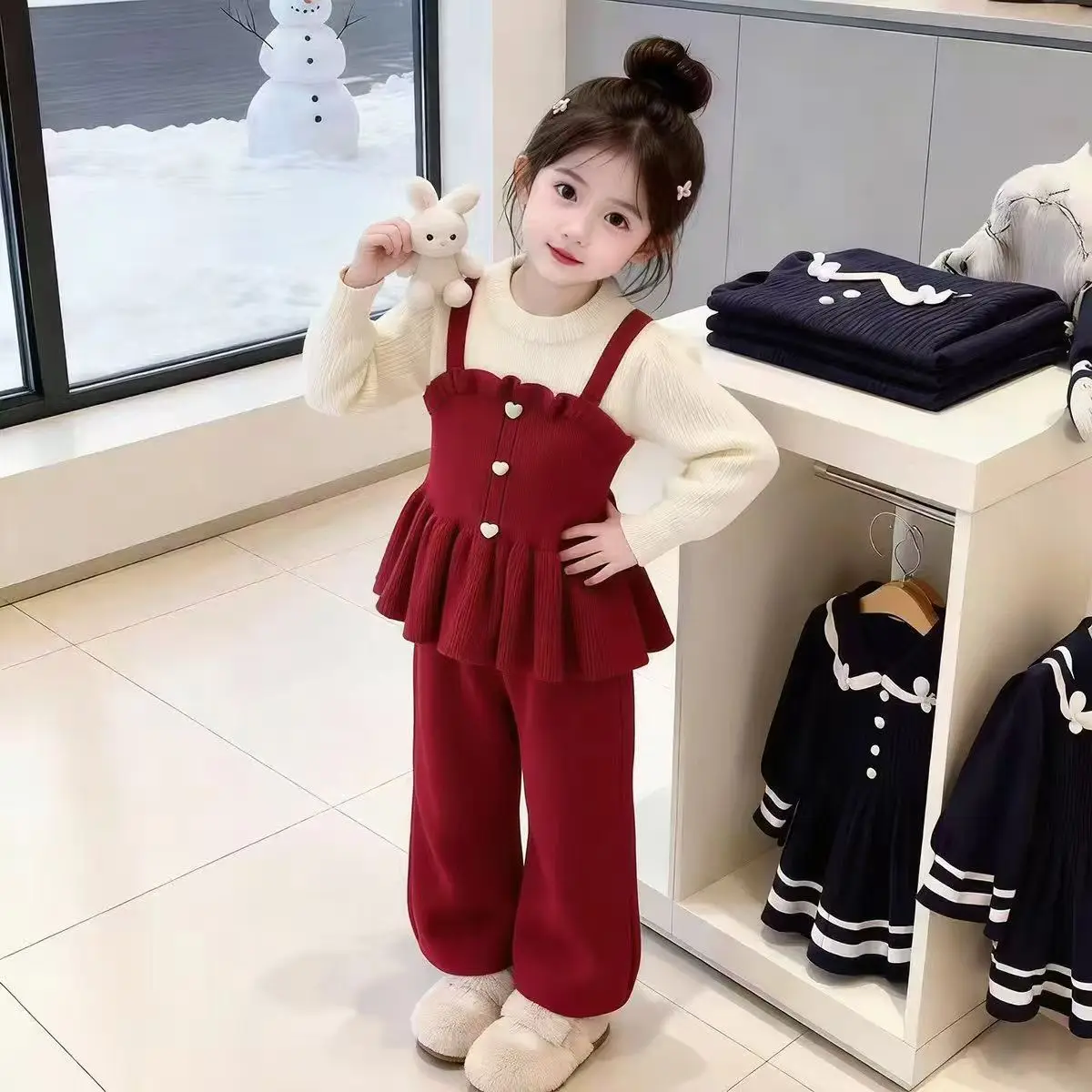 Girls' Faux 2-Piece Knitted Set 1-6Yrs Girls' Spring/Autumn New Knitted Top+Pants Two-Piece Fashion Kids Clothing Set
