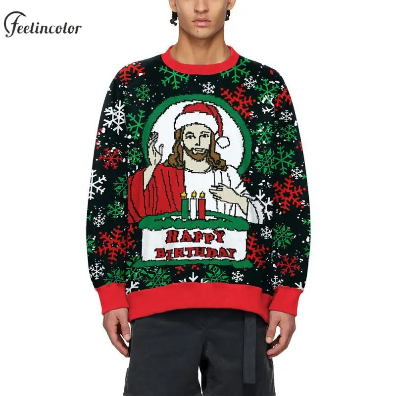 Happy Birthday Ugly Christmas Sweatshirt for Men Jesus Printed Pullover Autumn Winter Crewneck Graphic Hoodies Male Clothes