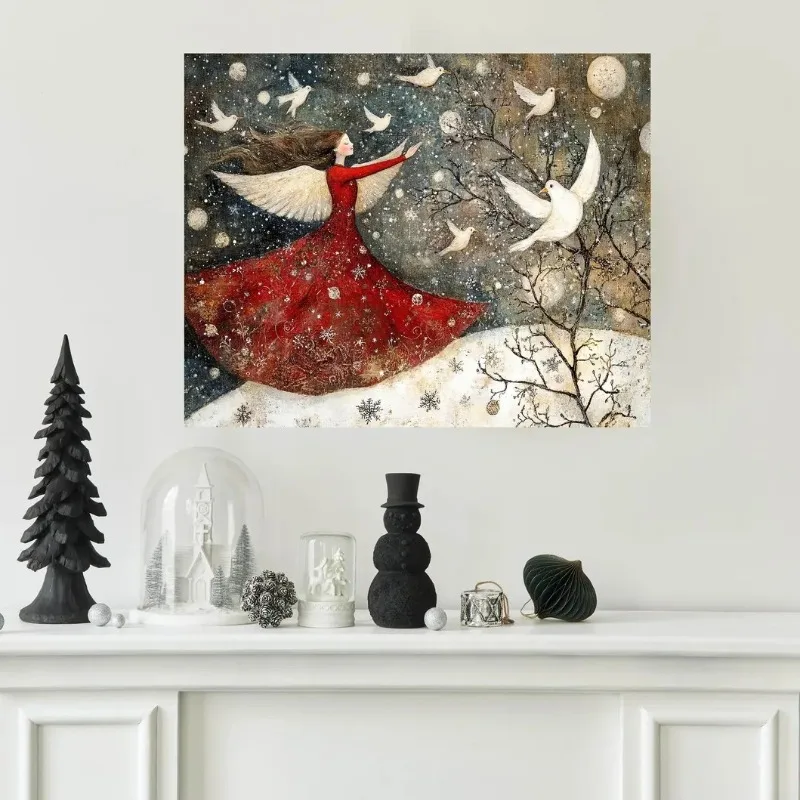 Whimsical Winged Angel White Doves Snow Winter Christmas Canvas Poster Prints Frameless Wall Art Festive Soft Warm Home Decorat