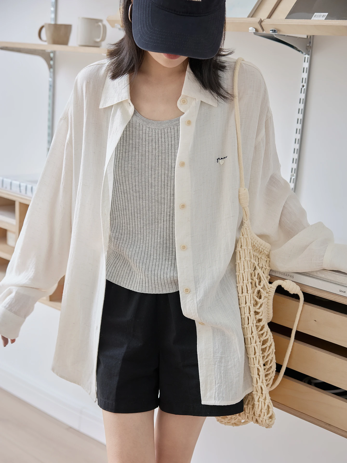 

Linen Silk Loose Fit Sun Protection Shirt Women's Summer Thin Hanging Sense Shoulder Drop Wide White Linen Shirt Mid-L...