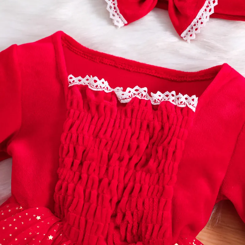 Christmas Newborn Baby Girl Bodysuit Autumn Clothes 2Pcs Outfits Long Sleeve Lace Trim Tulle Dress Jumpsuit with Headband