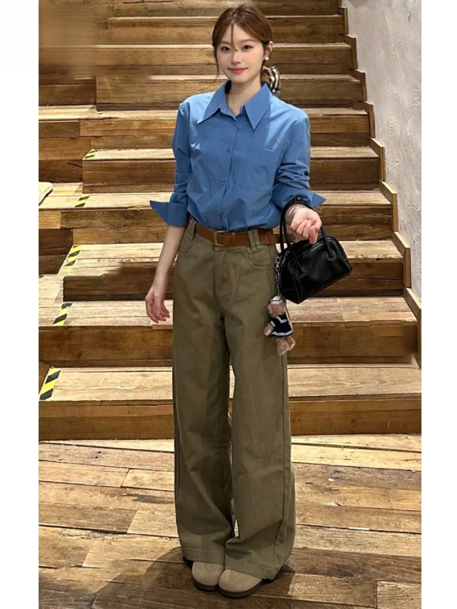 

Khaki American Retro High Waist Jeans Women Loose Straight Leggings Autumn New Style Wear Resistant Casual High Waist Jeans