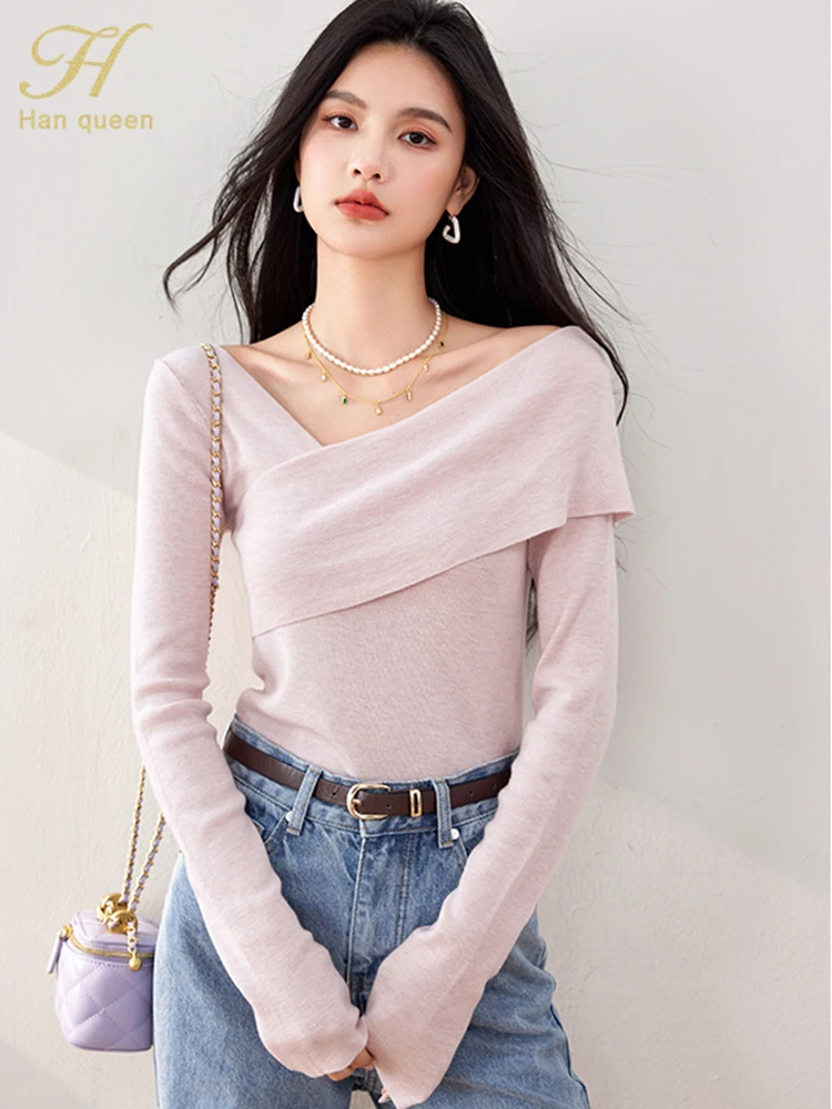 H Han Queen Autumn Winter Basic T-Shirts Women Knitwear Vintage Work Casual Tops Korean Long Sleeve Knitted Tee Woman Clothing