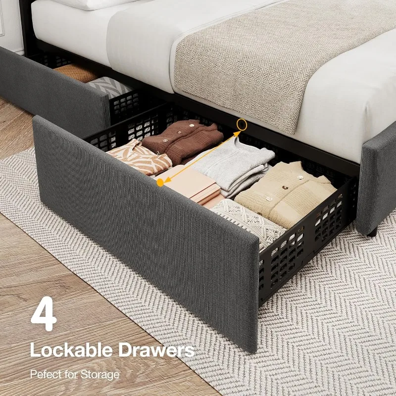 Struttura letto con testiera regolabile e 4 cassetti portaoggetti, struttura letto completa con piattaforma imbottita morbida con doghe in legno