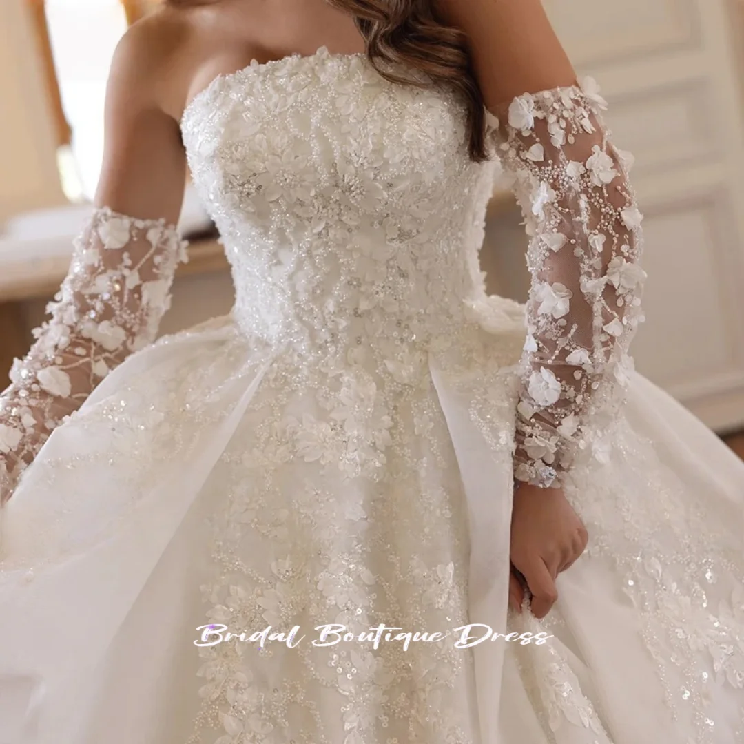 تخصيص رائع حمالة كم طويل الكرة ثوب الزفاف الفاخرة يزين الديكور التطريز الأميرة ثوب الزفاف