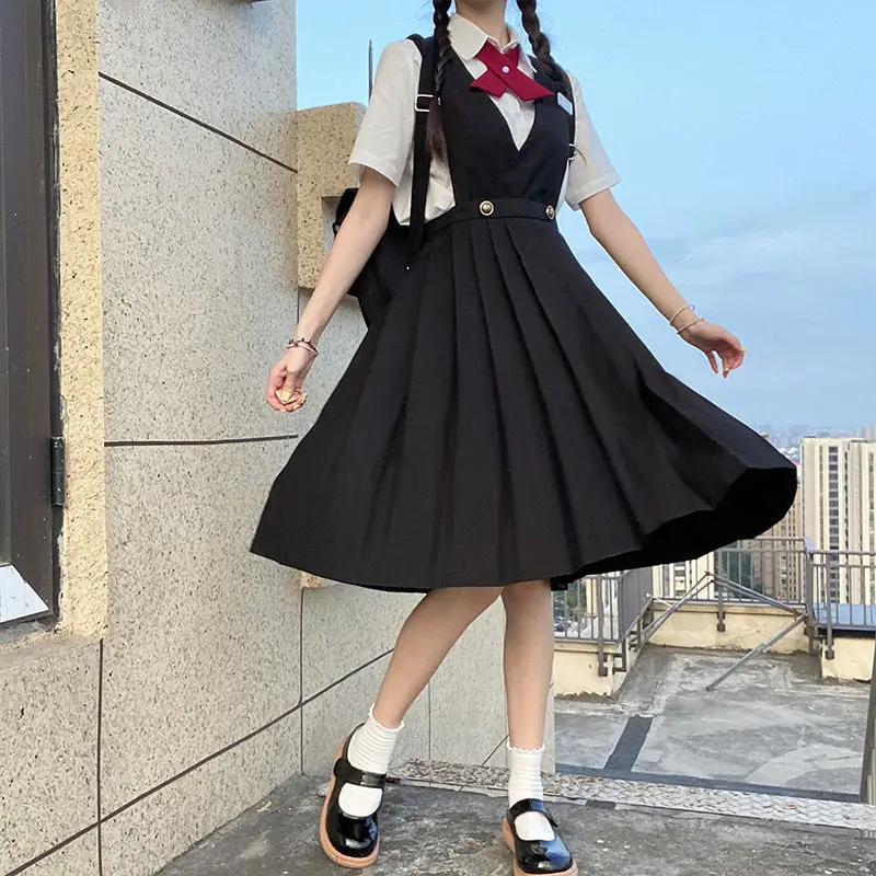 

2022 Japanese Kawaii JK Uniform Strap Dress Bow Tie Y2K Female Student Loose Dress One-piece Suit Preppy Style WOMEN's Clothing