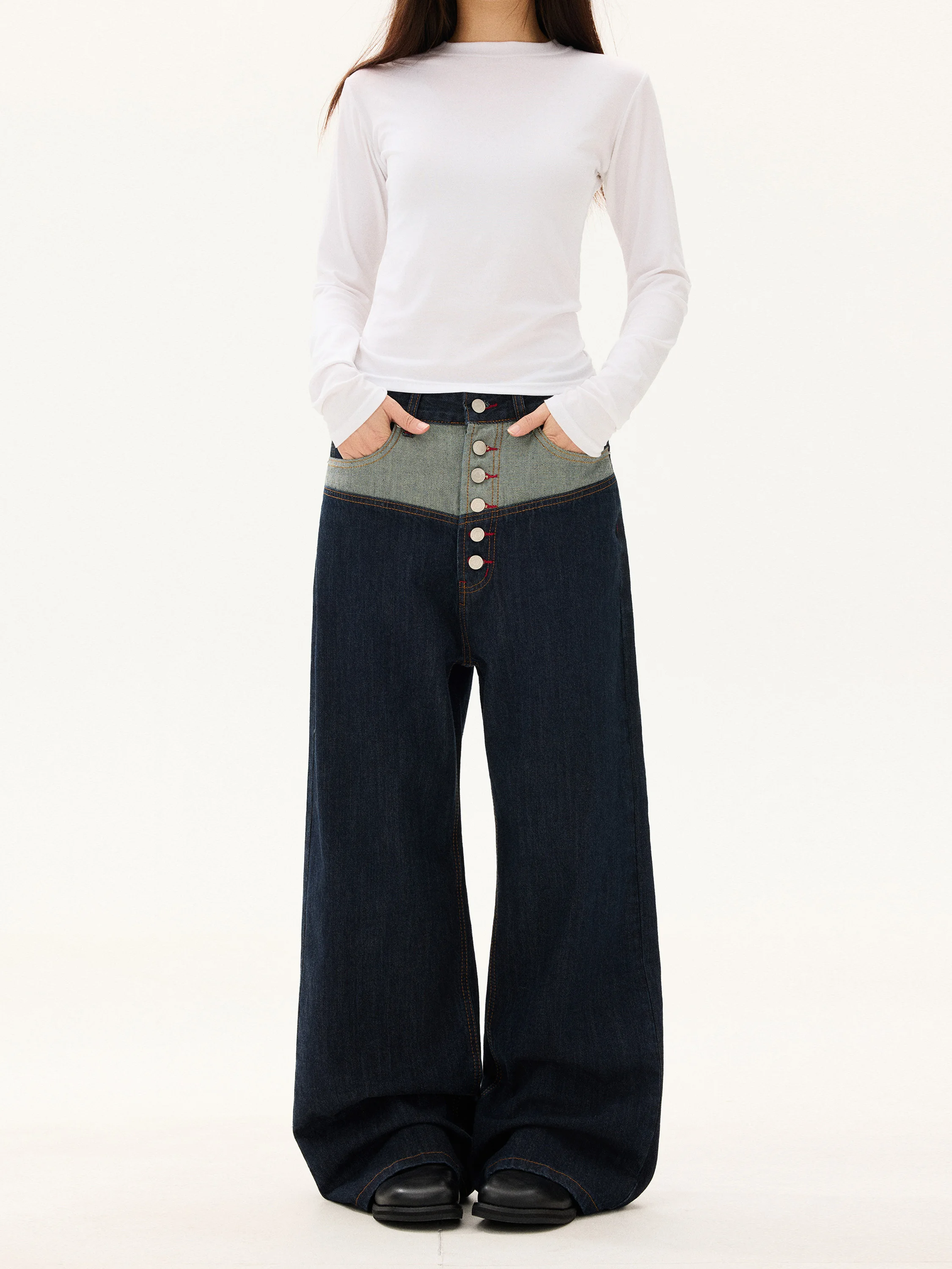 

American Design Sense Patchwork Red Buttoned Wide Leg Jeans ex Street Sle Casual Straight Leg Jeans l Waist