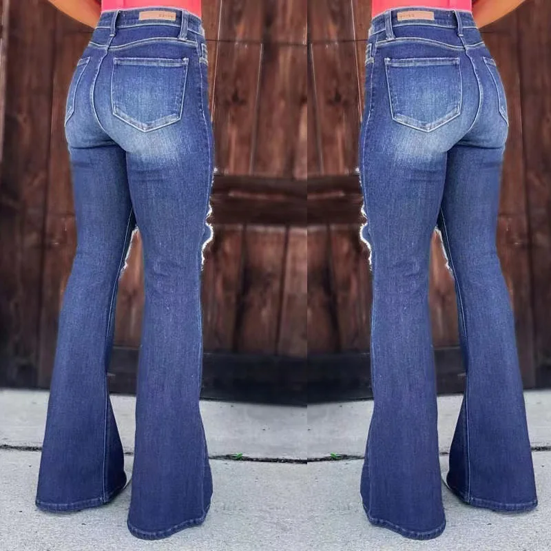 Women Bootcut Jeans Denim Pant Washed Distressed High Waist Straight Trousers Hole Y2k Streetwear Work Casual Slim Fit Summer