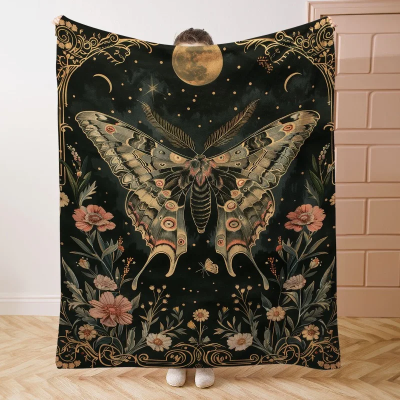 Celestial Moon Moth with Florals Print Flannel Blanket - Soft and Comfortable Throw for Bed Sofa Office or Camping