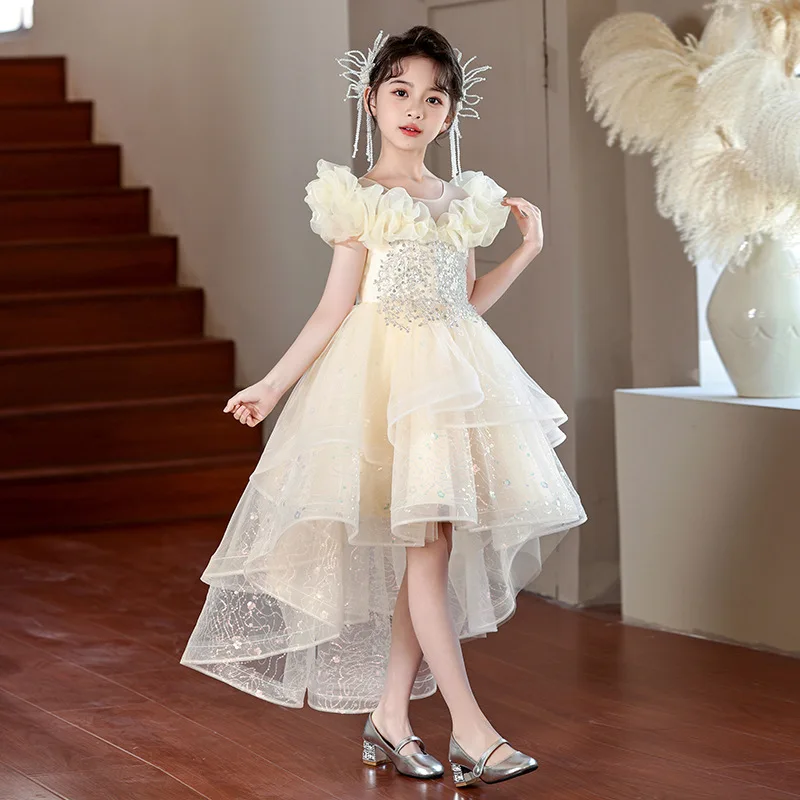Girls' Mesh Evening Dress for Older Children, Flower Girl Wedding Dress3-14Princess Dress with Train