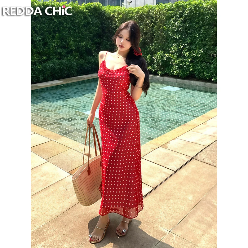 

ReddaChic женское облегающее платье русалки в горошек с оборками и завязками на талии, длинное платье макси на бретельках, винтажная праздничная летняя одежда